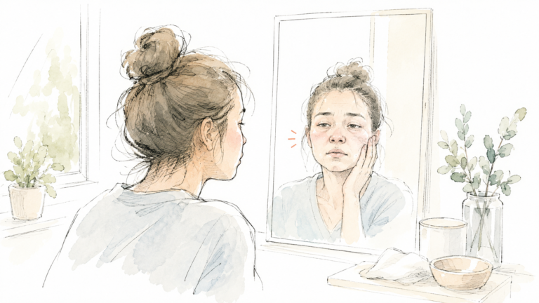 Femme au réveil observant dans le miroir son visage gonflé et ses traits fatigués, une main sur la joue