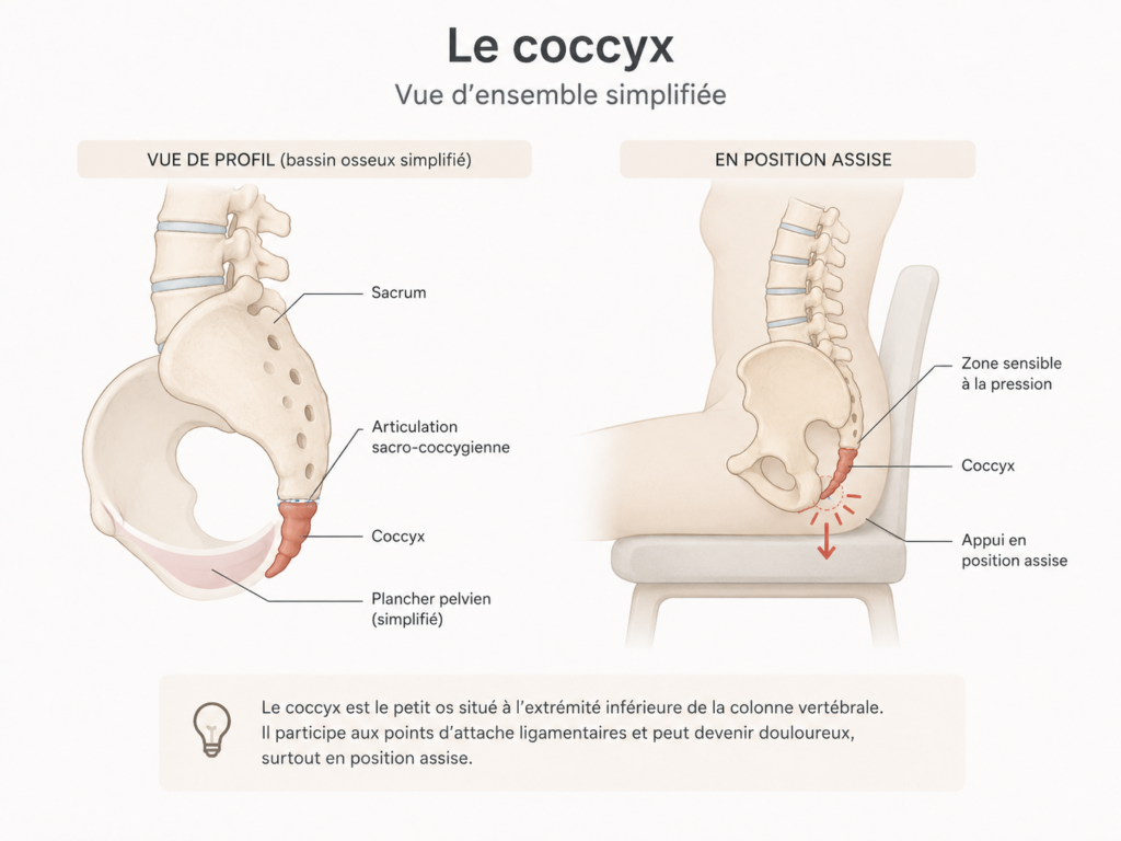 Douleur au coccyx après l'accouchement : pourquoi, et comment la soulager Schéma anatomique du coccyx vu de profil et en position assise, avec le sacrum, l'articulation sacro-coccygienne et la zone d'appui sensible
