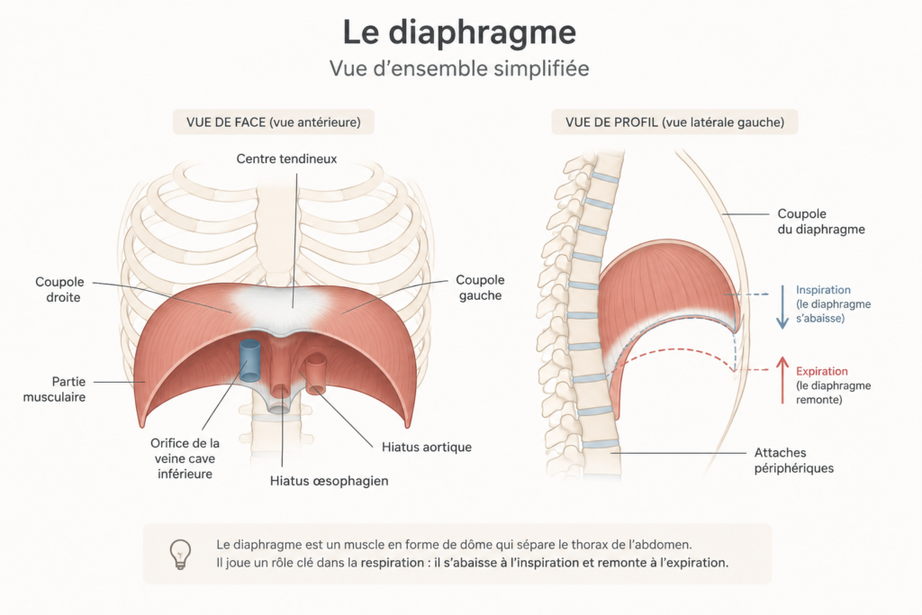 Schéma anatomique du diaphragme de face et de profil, avec ses coupoles, ses orifices et son mouvement d'abaissement à l'inspiration