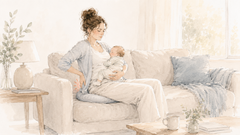Jeune mère assise sur un canapé avec son bébé, une main portée vers le bas du dos, douleur signalée au niveau du coccyx