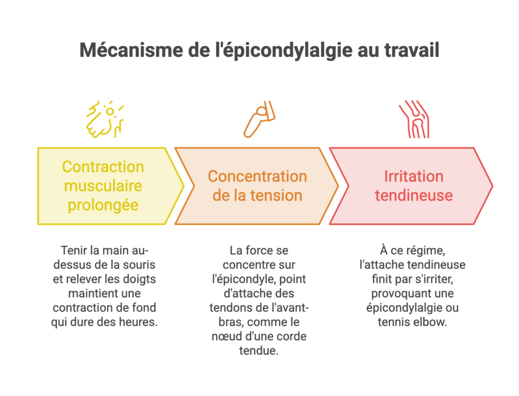 Mal au coude en télétravail : et si ça ne venait pas du coude ? Mécanisme de l'épicondylalgie au travail : contraction musculaire prolongée de l'avant-bras, concentration de la tension sur l'épicondyle puis irritation tendineuse