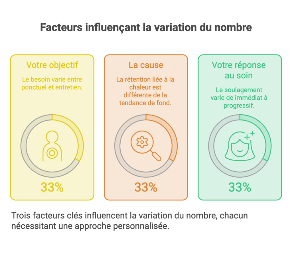 Combien de séances de drainage lymphatique faut-il vraiment ? Trois facteurs qui font varier le nombre de séances de drainage lymphatique : l'objectif recherché, la cause de la rétention et la réponse individuelle au soin