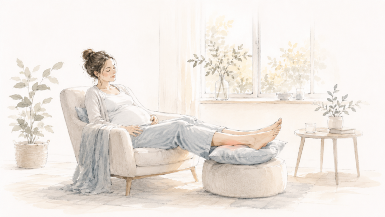 Femme enceinte installée dans un fauteuil, jambes surélevées sur un pouf, pour soulager des jambes lourdes