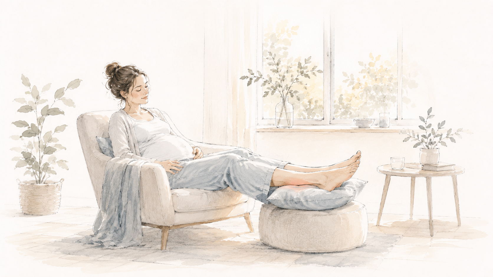 Femme enceinte installée dans un fauteuil, jambes surélevées sur un pouf, pour soulager des jambes lourdes