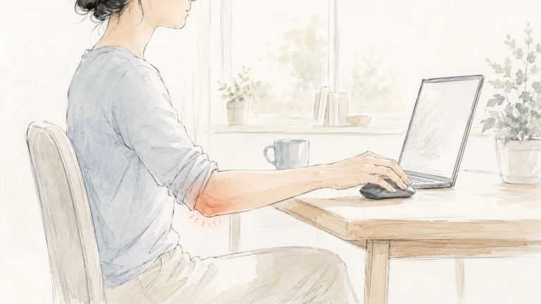 Femme en télétravail la main sur la souris, douleur signalée à la face externe du coude et de l'avant-bras