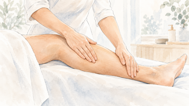 Praticienne réalisant un drainage lymphatique manuel sur la jambe d'une patiente allongée, mouvements lents vers le haut