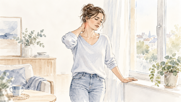 Femme debout près d'une fenêtre, une main sur la nuque et l'autre en appui, tension cervicale signalée