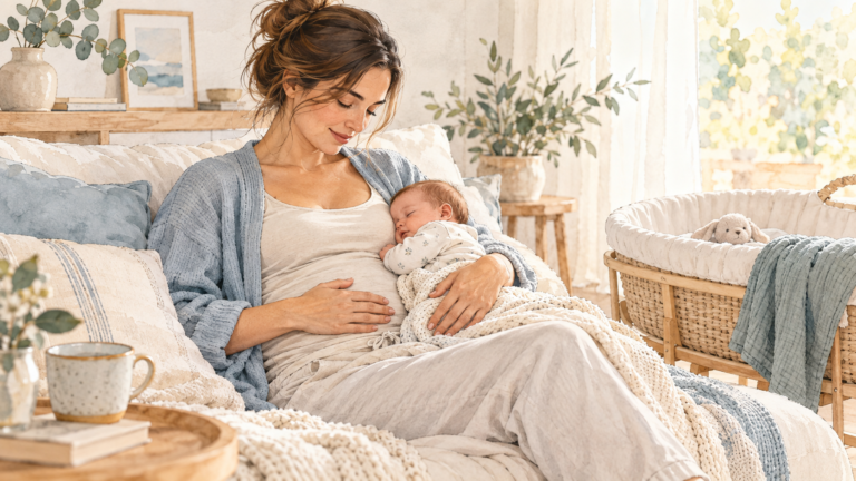 Jeune mère sur un canapé, son bébé endormi contre elle, une main posée sur son ventre encore arrondi après l'accouchement