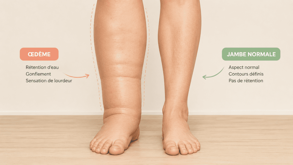 Infographie comparant une jambe avec œdème (rétention d'eau, gonflement) et une jambe normale aux contours définis