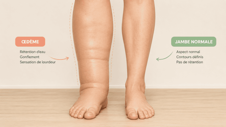 Infographie comparant une jambe avec œdème (rétention d'eau, gonflement) et une jambe normale aux contours définis