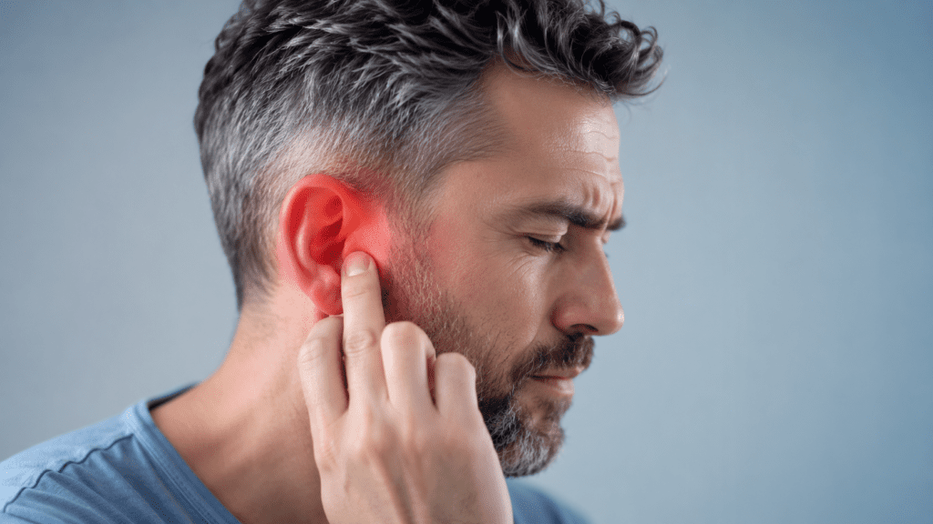 Homme aux cheveux grisonnants portant un doigt à son oreille rougie et douloureuse, gêné par des acouphènes