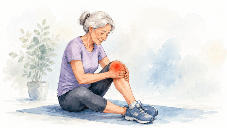 Illustration d'une femme âgée tenant son genou douloureux marqué en rouge, signe d'arthrose articulaire