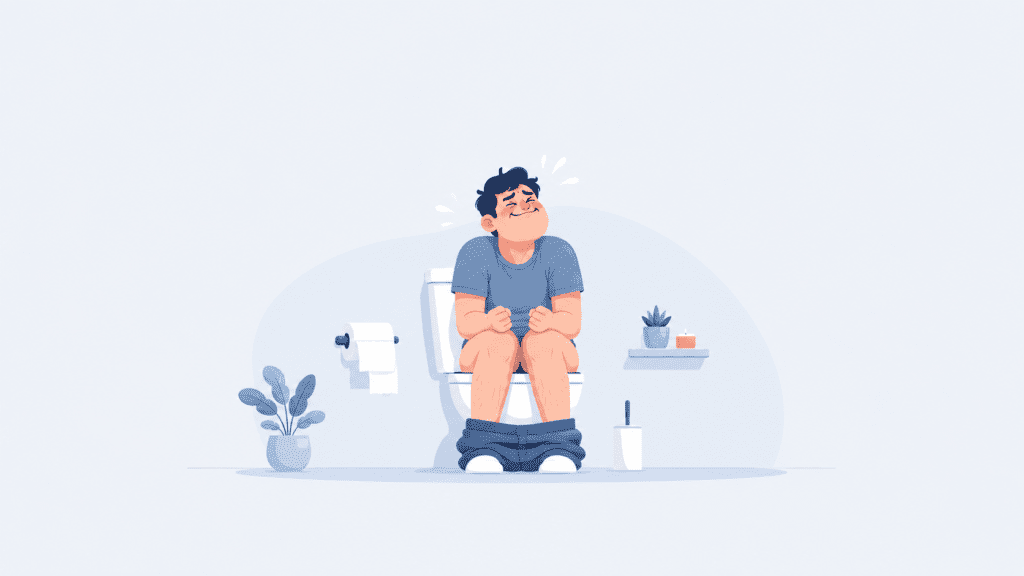 Illustration d'un homme assis aux toilettes, le visage crispé par l'effort, symbolisant la constipation