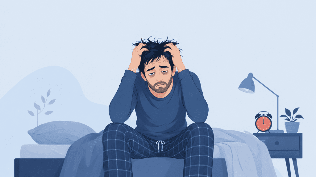 Illustration d'un homme fatigué assis sur son lit, la tête dans les mains, souffrant d'insomnie la nuit