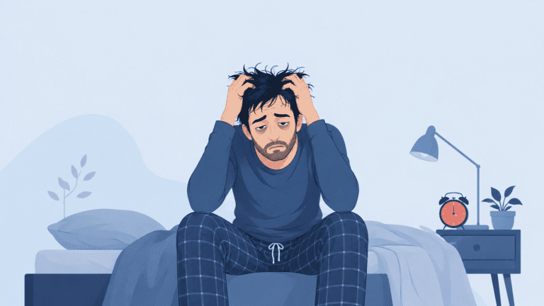 Illustration d'un homme fatigué assis sur son lit, la tête dans les mains, souffrant d'insomnie la nuit