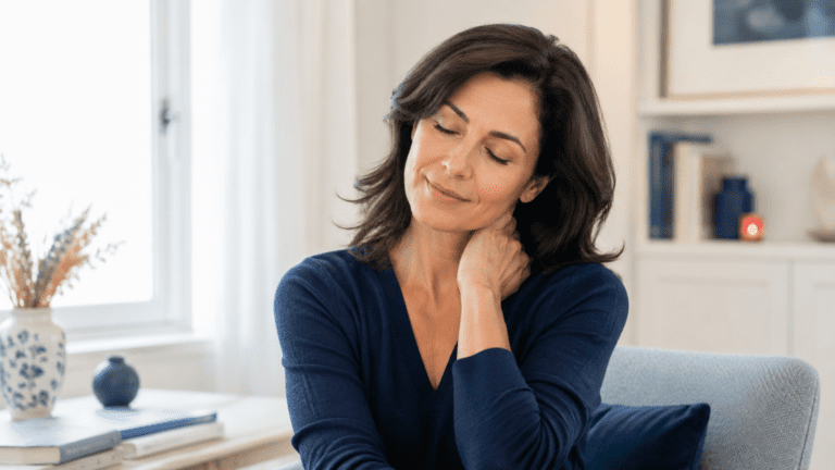 Femme assise se massant la nuque et le cou les yeux fermés, soulageant une douleur nerveuse cervicale