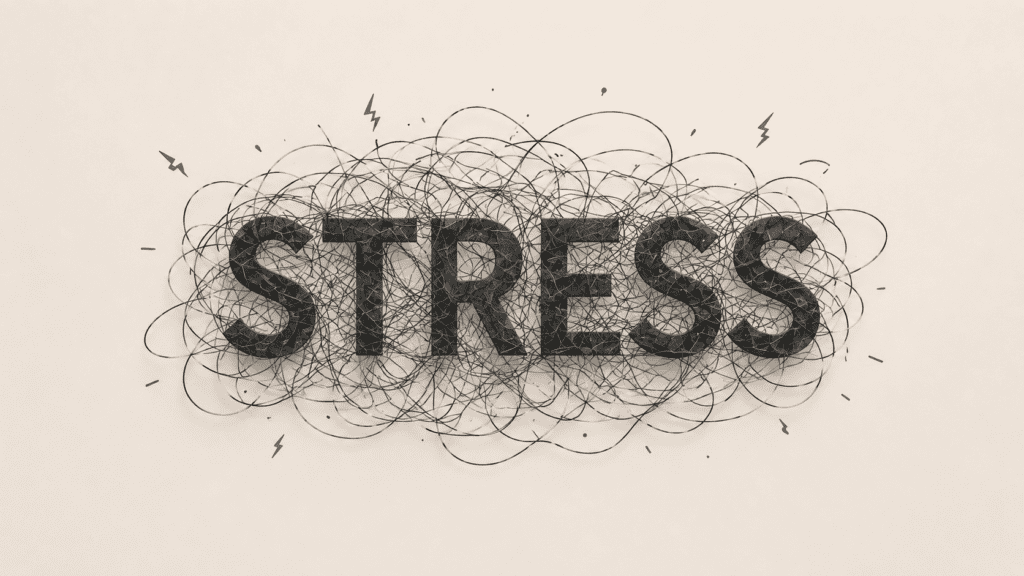 Mot « STRESS » entouré de gribouillis enchevêtrés et d'éclairs, illustrant l'anxiété et la tension nerveuse