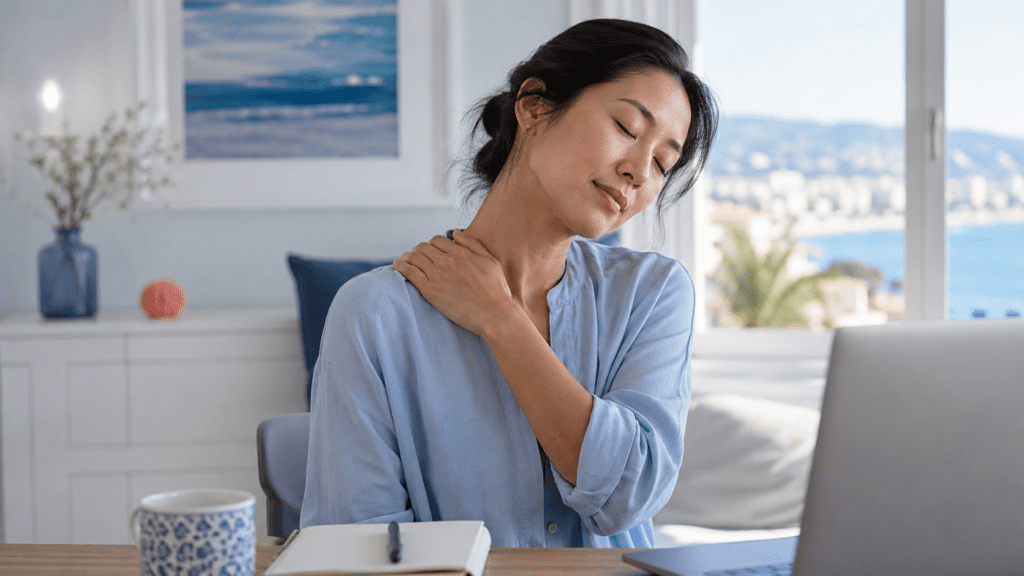 Femme à son bureau se tenant le haut de l'épaule, signe d'une douleur au trapèze liée au travail sur ordinateur