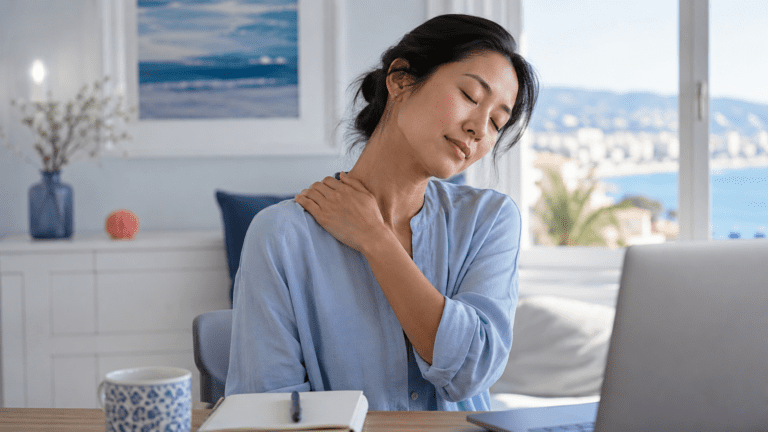 Femme à son bureau se tenant le haut de l'épaule, signe d'une douleur au trapèze liée au travail sur ordinateur