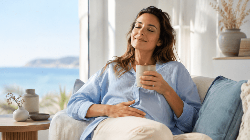 Femme détendue sur un canapé, main posée sur le ventre et tasse chaude, apaisant son syndrome prémenstruel