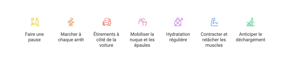 Sept réflexes contre le mal de dos en voiture : pauses, marche, étirements, mobilisation, hydratation et relâchement musculaire