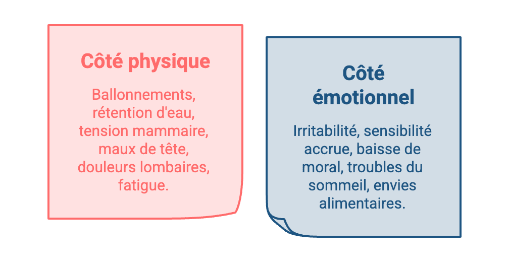 Deux listes comparant les symptômes physiques du syndrome prémenstruel (ballonnements, fatigue, maux de tête) et les symptômes émotionnels (irritabilité, troubles du sommeil)