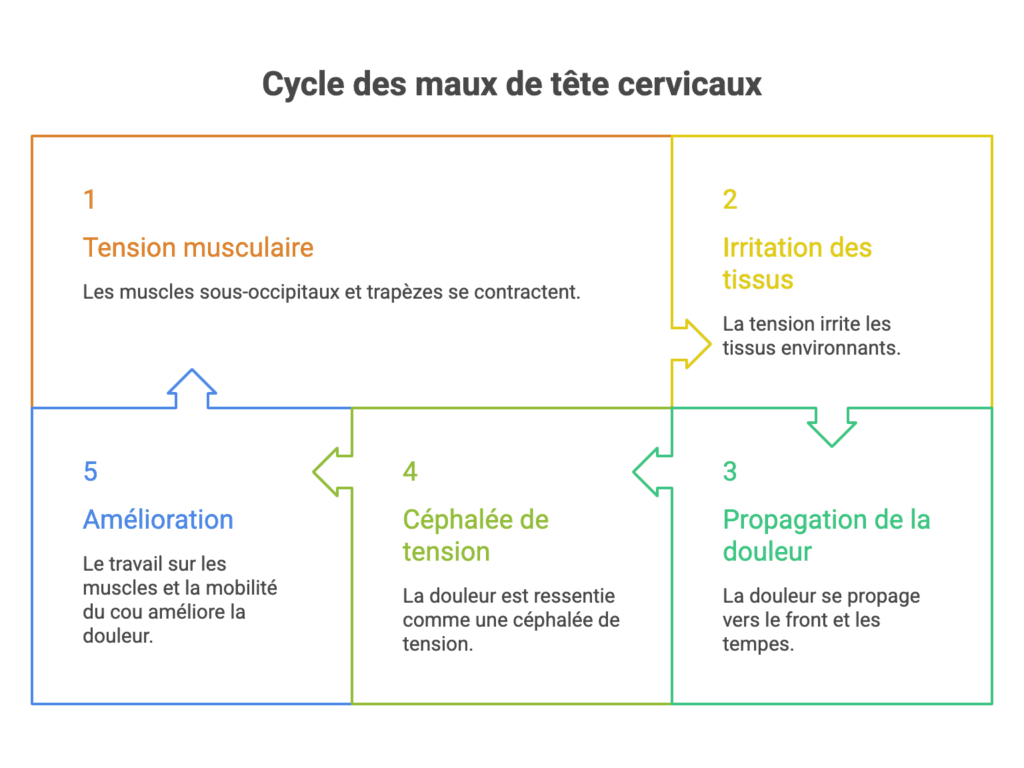 Schéma du cycle des maux de tête d'origine cervicale : tension musculaire, irritation, propagation de la douleur puis amélioration par le travail du cou