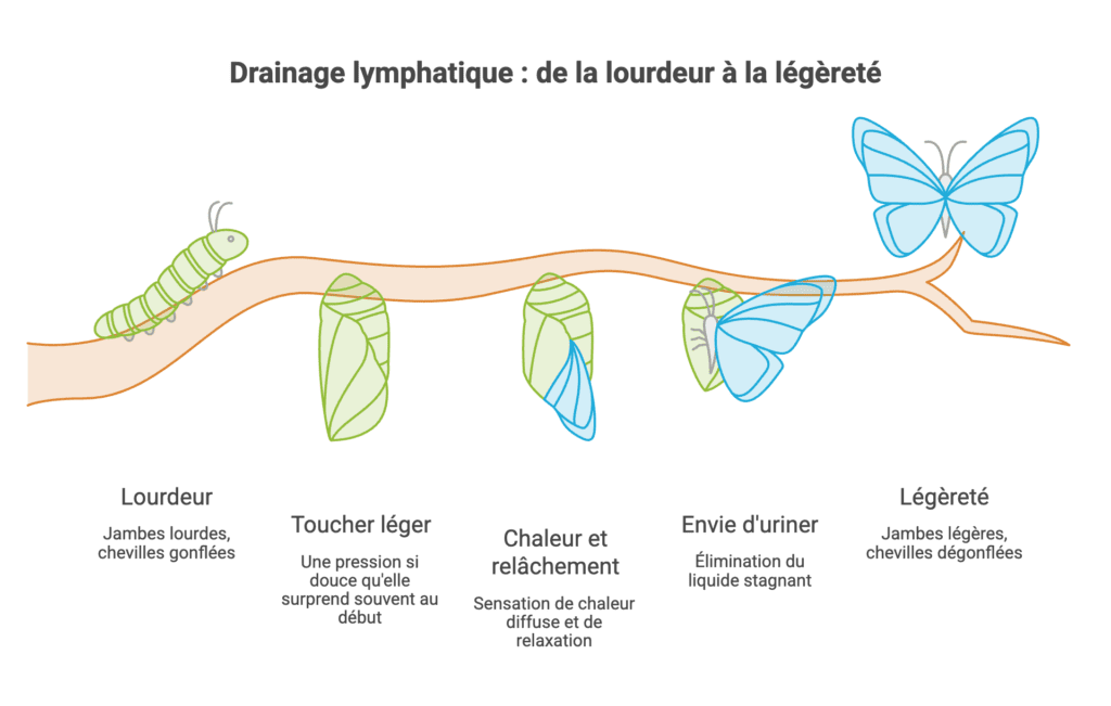 Étapes d'une séance de drainage lymphatique : jambes lourdes, mouvements lents, sensation de chaleur, élimination du liquide puis jambes plus légères