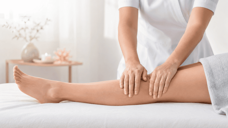 Praticienne réalisant un drainage lymphatique manuel sur le mollet d'une patiente allongée, pression légère des mains à plat