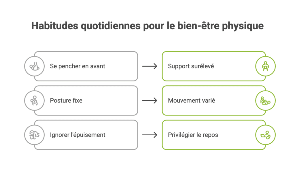 Comparatif d'habitudes du quotidien après l'accouchement : remplacer se pencher, posture fixe et épuisement par support surélevé, mouvement et repos