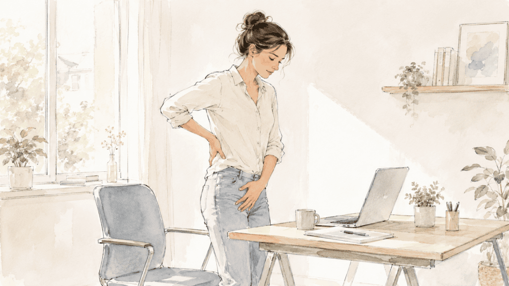 Femme se levant de son bureau, une main sur le bas du dos et l'autre sur la hanche, signe de raideur après une position assise prolongée