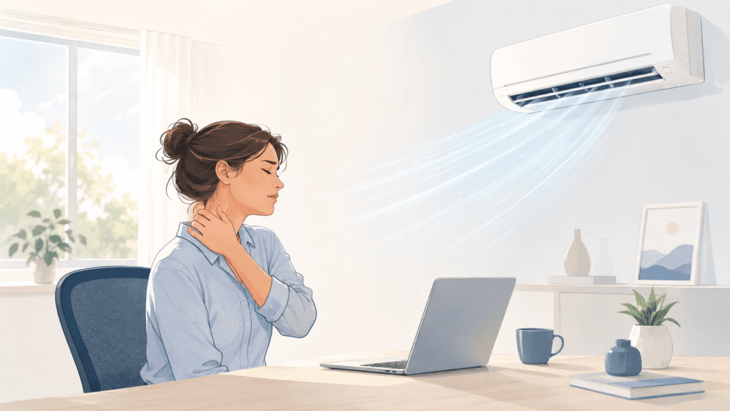 Femme à son bureau se tenant la nuque douloureuse sous le souffle d'un climatiseur mural