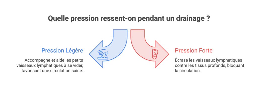 Comparatif des pressions en drainage lymphatique : une pression légère aide les vaisseaux à se vider, une pression forte les écrase et bloque la circulation
