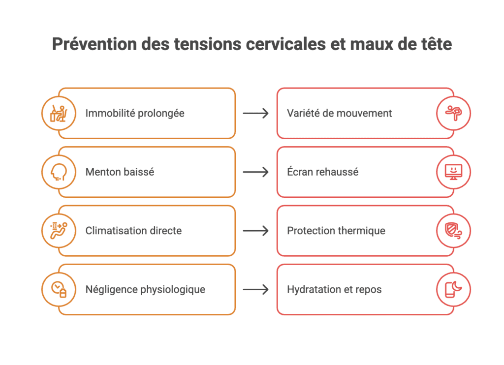 Comparatif prévention des tensions cervicales : remplacer immobilité, menton baissé et climatisation directe par mouvement, écran rehaussé et protection