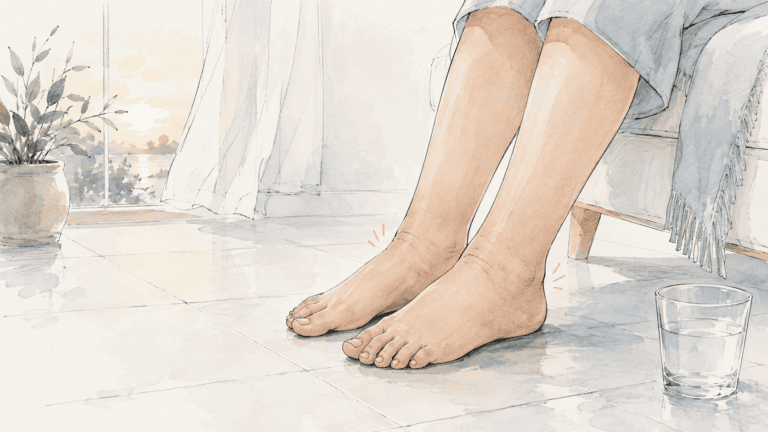 Pieds et chevilles gonflés posés au sol dans un intérieur clair par temps chaud, verre d'eau à côté
