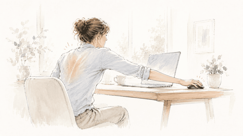 Femme à son bureau tendant le bras vers une souris éloignée, douleur signalée entre les omoplates