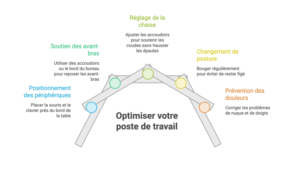 Cinq ajustements du poste de travail : rapprocher souris et clavier, soutenir les avant-bras, régler les accoudoirs, changer de posture et prévenir les douleurs associées