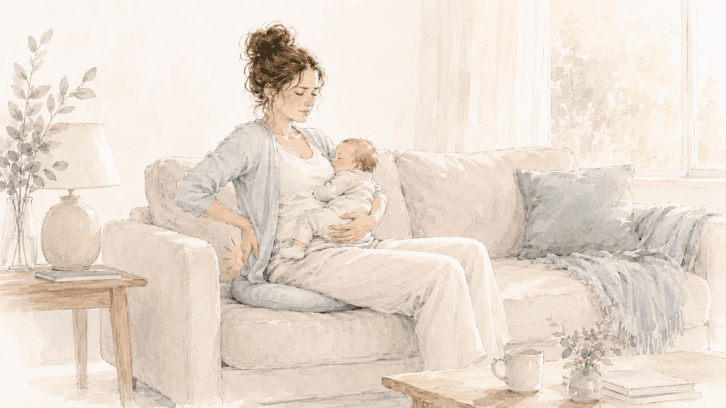 Jeune mère assise sur un canapé avec son bébé, une main portée vers le bas du dos, douleur signalée au niveau du coccyx