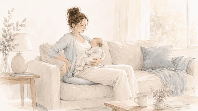 Jeune mère assise sur un canapé avec son bébé, une main portée vers le bas du dos, douleur signalée au niveau du coccyx