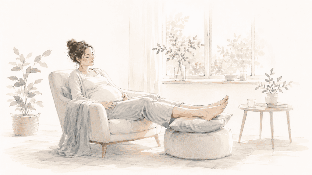 Femme enceinte installée dans un fauteuil, jambes surélevées sur un pouf, pour soulager des jambes lourdes