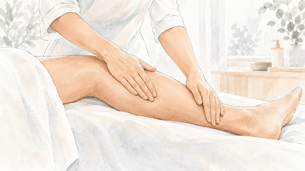 Praticienne réalisant un drainage lymphatique manuel sur la jambe d'une patiente allongée, mouvements lents vers le haut