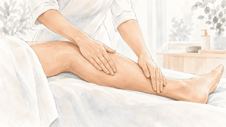 Praticienne réalisant un drainage lymphatique manuel sur la jambe d'une patiente allongée, mouvements lents vers le haut
