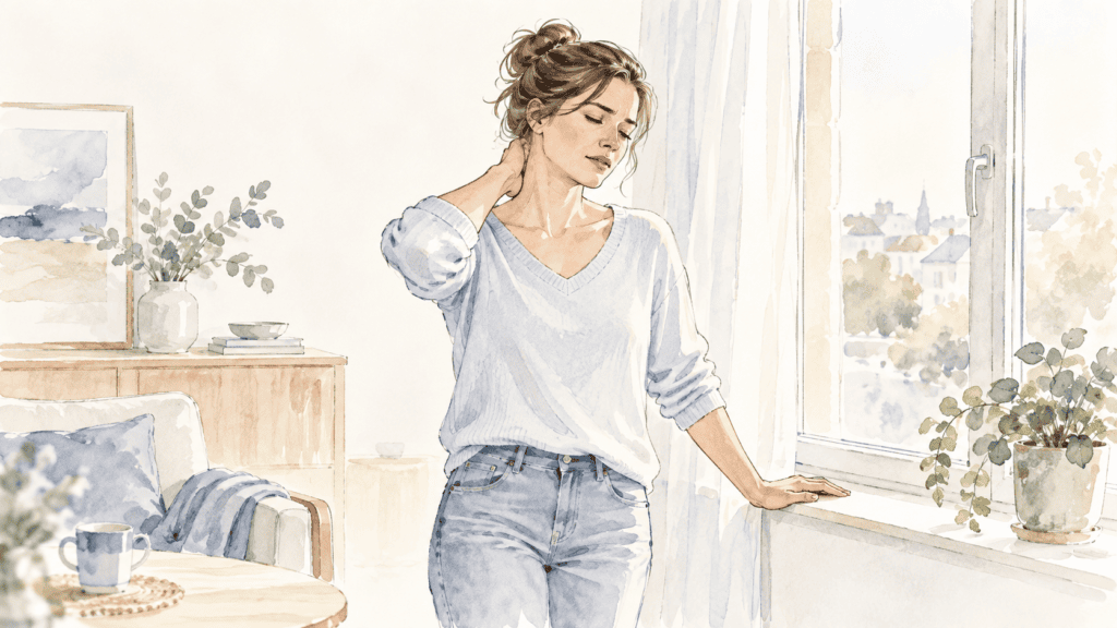Femme debout près d'une fenêtre, une main sur la nuque et l'autre en appui, tension cervicale signalée