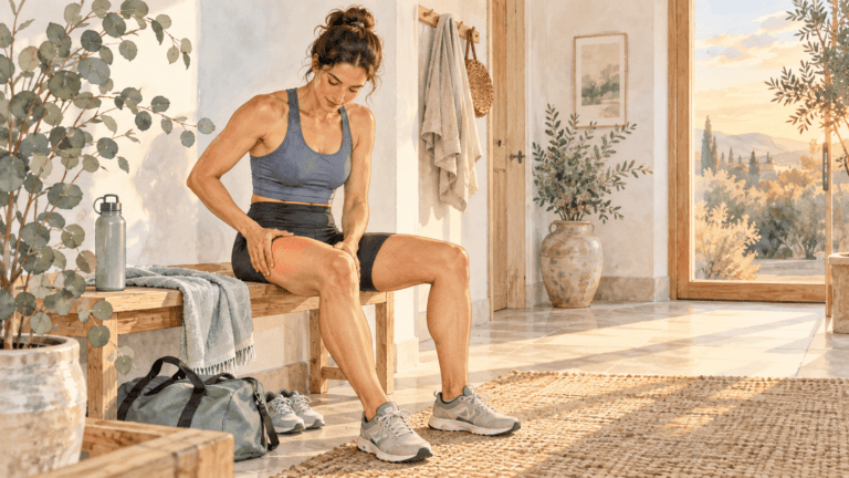 Sportive assise sur un banc après l'entraînement, la main sur la cuisse douloureuse après une reprise du sport