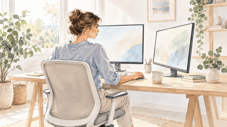 Femme en télétravail installée face à deux écrans, dont l'un est placé sur le côté du bureau