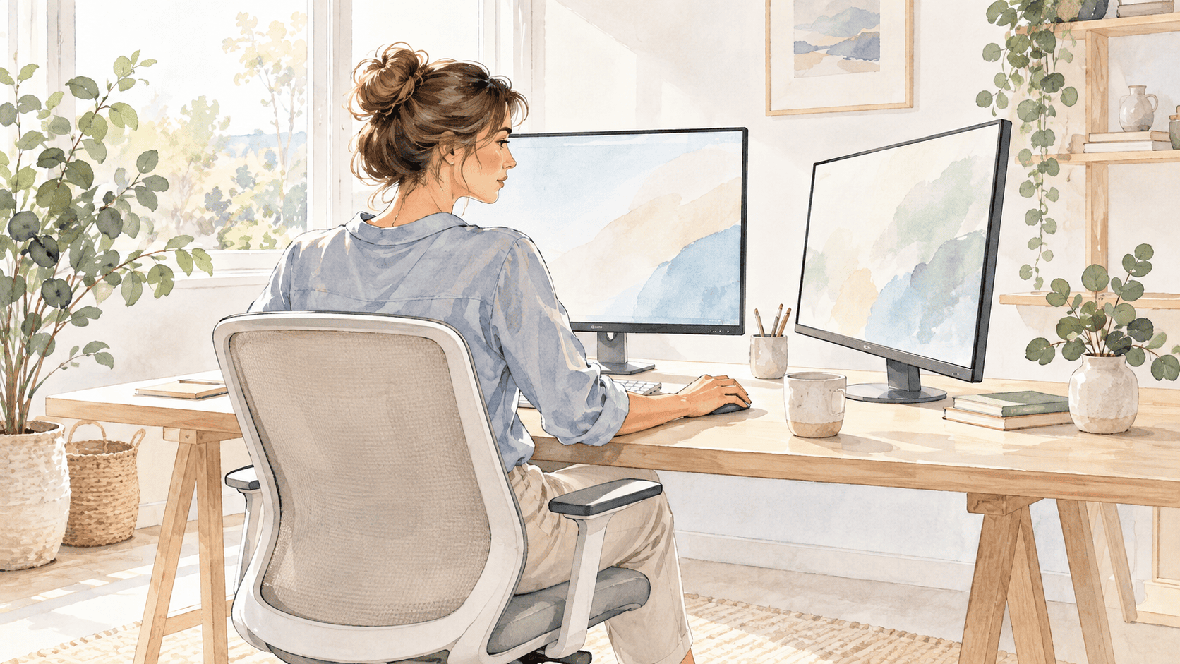 Femme en télétravail installée face à deux écrans, dont l'un est placé sur le côté du bureau