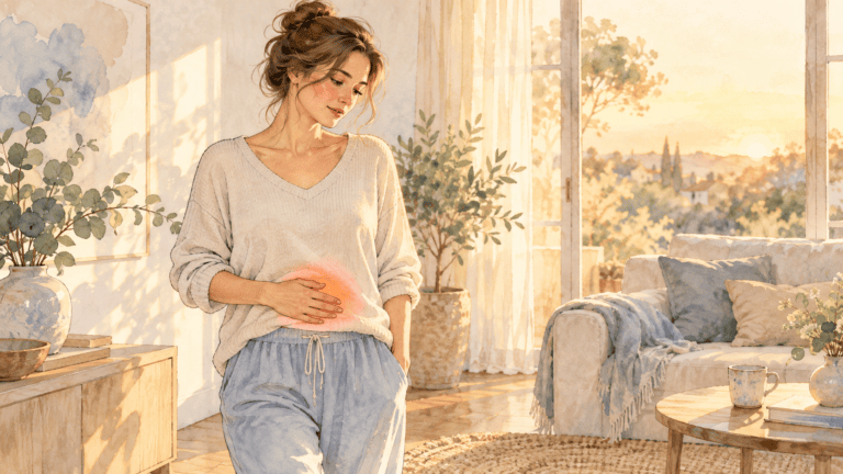 Femme debout dans son salon, une main posée sur le ventre gonflé et tendu dans les jours avant ses règles